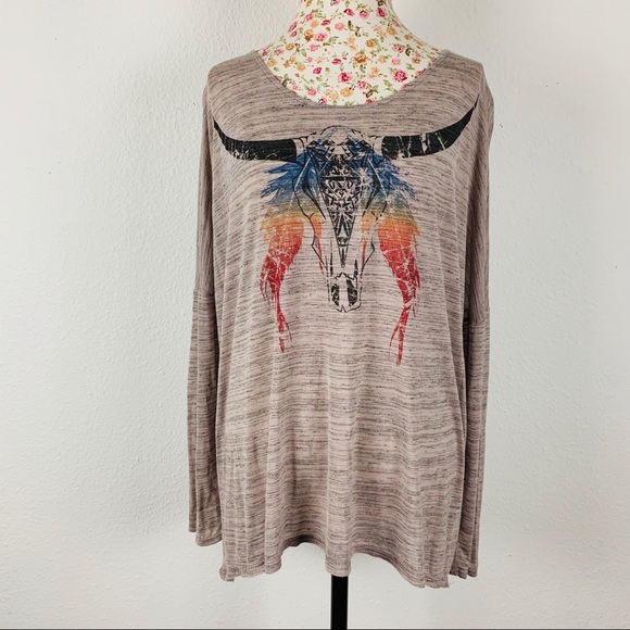 Lush tan lightweight drop-sleeve Top multicolor longhorn western boho motif L - Picture 1 of 15